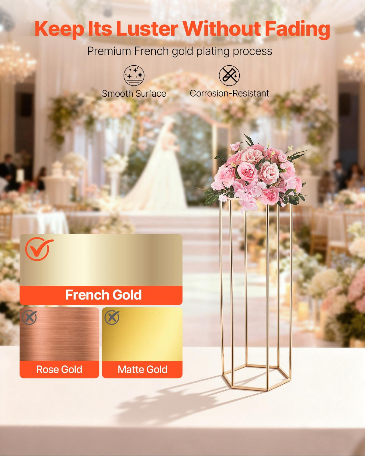 VEVOR Wedding Flower Stand, 10PCS 31.5-inch Column Flower Stand, Floral Stands with Acrylic Laminate, Hexagonal Cubic Floral Display Rack for Wedding, Party, Birthday, Home,French Gold Stands