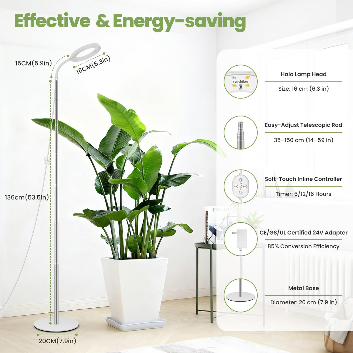 Grow Lights for Indoor Plants 24V, 660nm-Enhanced Full Spectrum, LUMILEDS LED Plant Light, 6.3in Grow lamp with Timer & Dimming, Adjustable Height 14-59in, 15W, 260μmol/s/m²@15cm(6in), J15-W