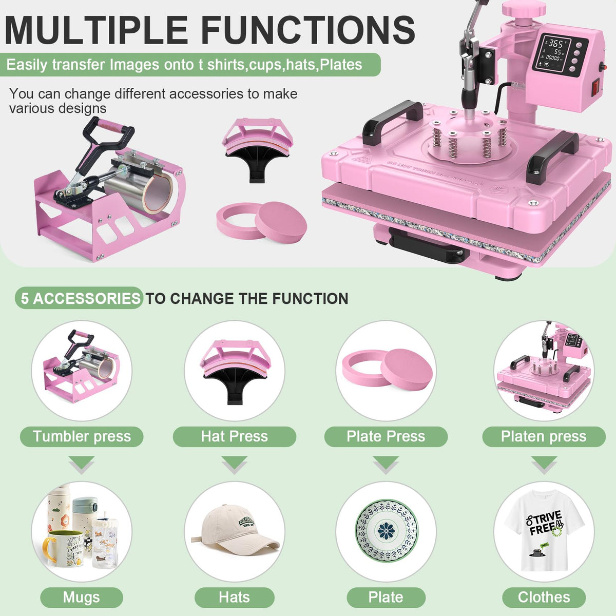 Seeutek Heat Press 5 in 1 Heat Press Machine 12x15 Inch Sublimation T Shirt Pressing with 30OZ 20OZ Tumbler Heat Press 360° Swing Away Heat Transfer Combo for T-Shirts, Hats, Mugs, Plates - Pink