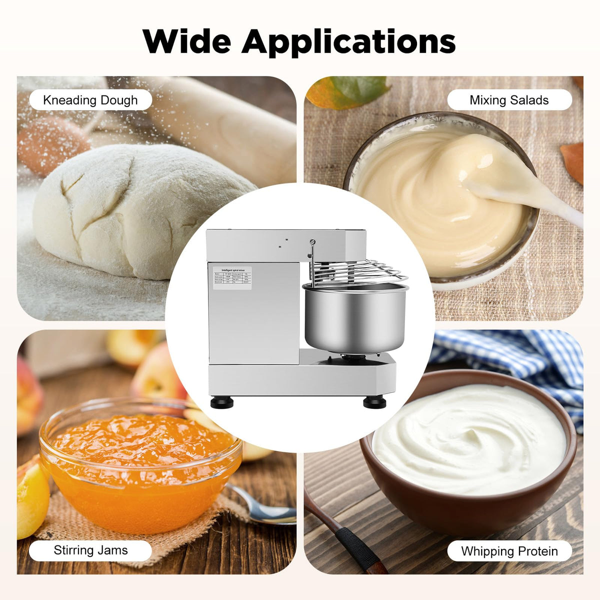 10L/2.6 Gal Commercial Food Mixer, 750W 110V Electric Spiral Mixer Rotation Speed 100/200R/Min Waterproof Level IPX1, Dough Kneading Machine for Dough, Salad, Cream