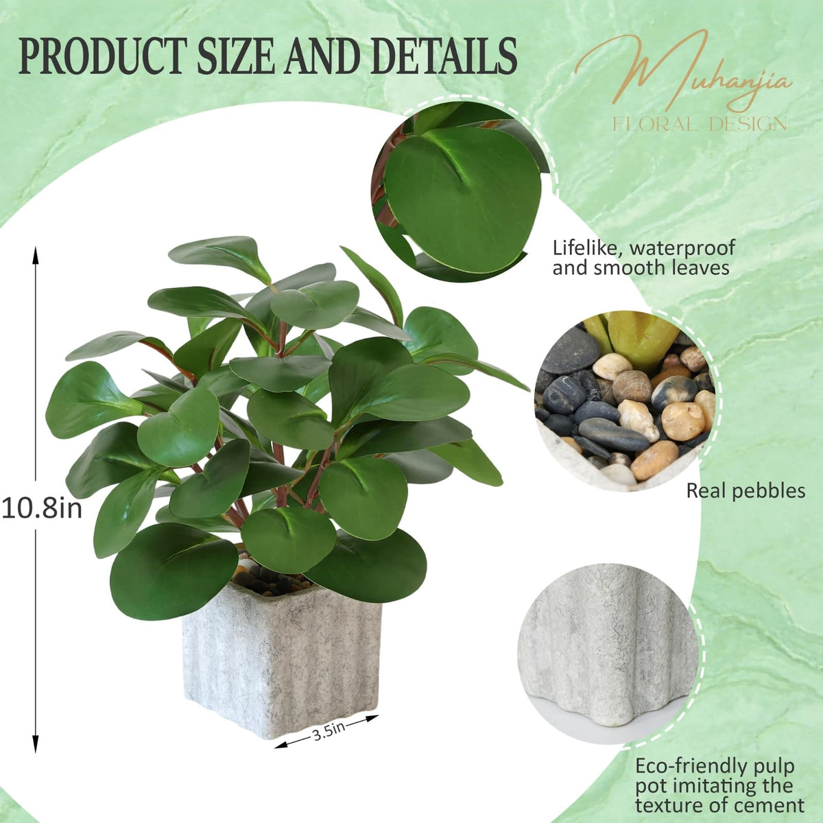 Muhanjia Artificial Potted Plant, Lifelike Faux Greenery in Decorative Cement-Look Square Pot for Indoor Home Decor Centerpieces (Peperomia)