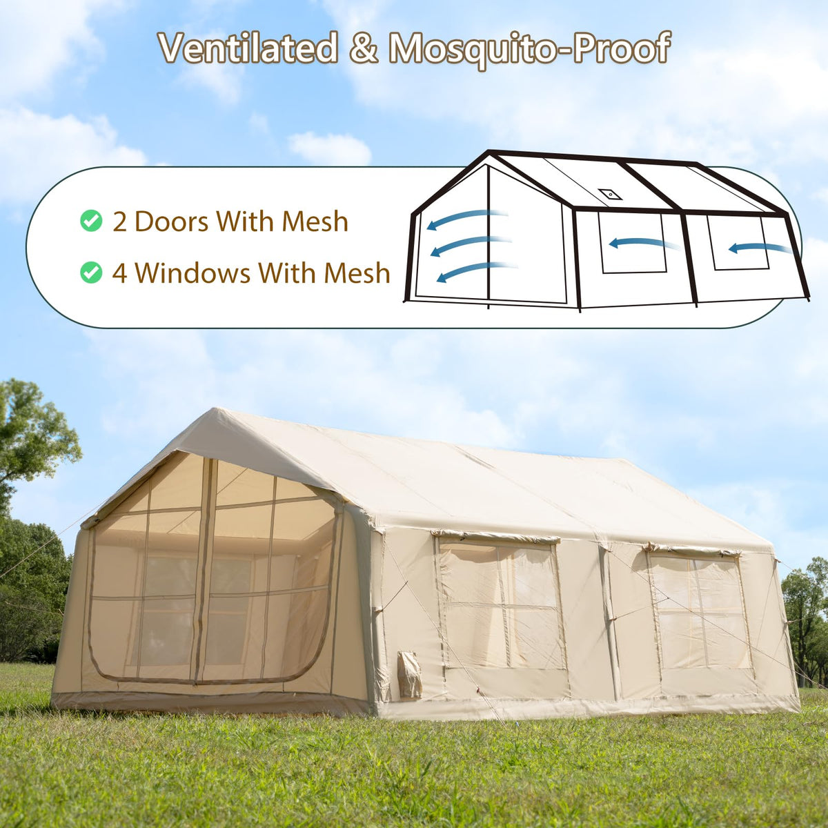 WaldZimmer 17sq Beige Inflatable Camping Tent with Hand Pump Easy Setup Waterproof Windproof Outdoor Blow up Tent 8-12 Person Oxford 4 Season Glamping Air Tents Cabin House with Mesh Windows & Door