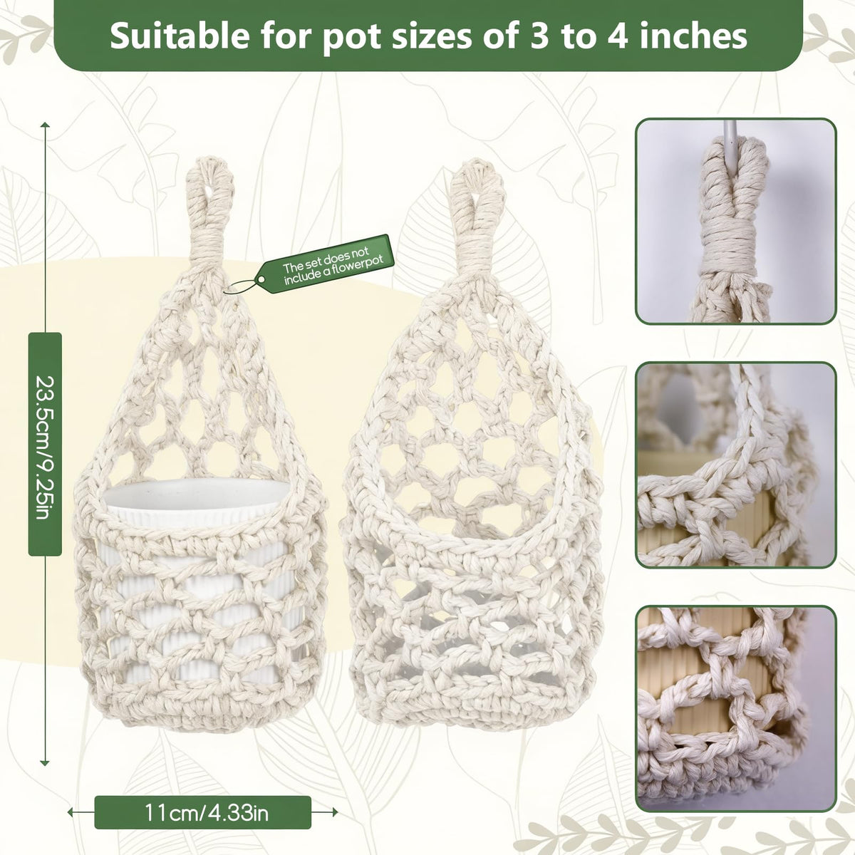 HOREAKHJ Macrame Wall Plant Hanger, Hanging Planter Basket Holder, Wall Planters for Indoor Plants, for Up to 4 Inch Pot (Ivory, 4-Inch)