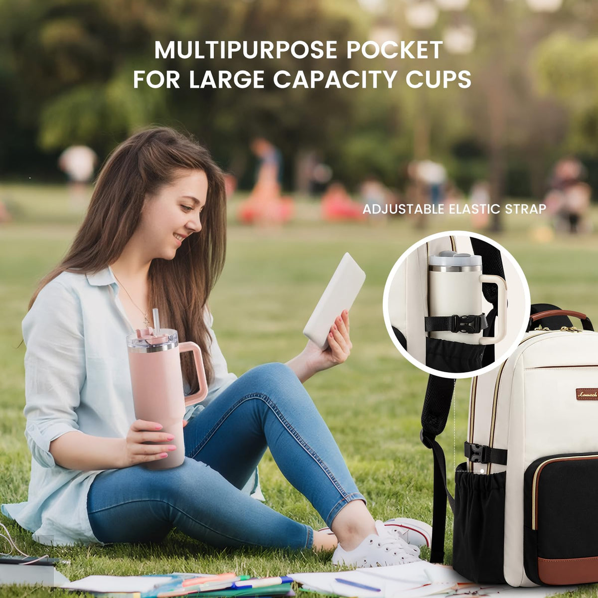 LOVEVOOK Laptop Backpack for Women with Pouch Pocket for Large Capacity Cup,17 Inch Laptop Computer Bag Travel Backpack Purse,Waterproof Work Business Backpack College Teacher Bags,Beige-Black-Brown