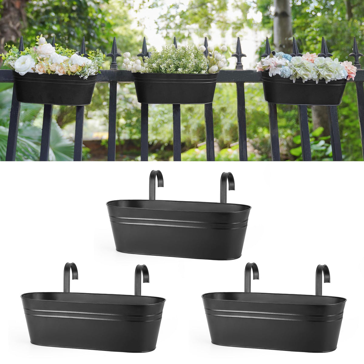 Dahey 3 Pcs Metal Hanging Flower Pots for Railing Fence Outdoor Planter 15.7 Inch Hanging Bucket Pots Countryside Window Flower Plant Holder with Detachable Hooks for Garden Yard Home Decor,Black