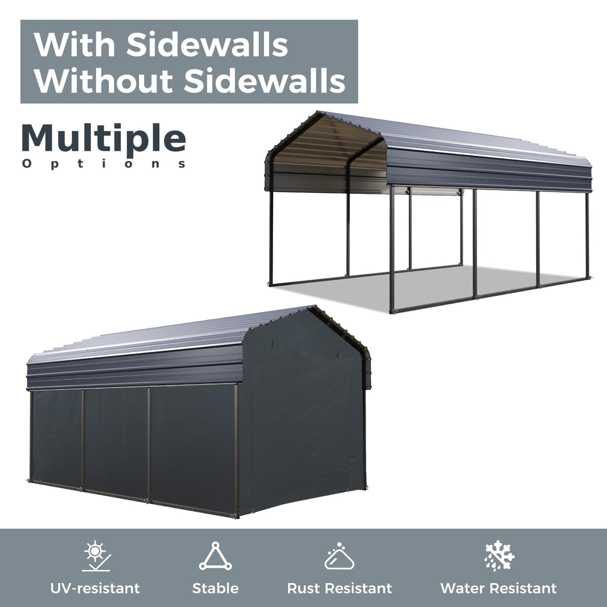 10 x 15 ft Metal Carport Kits with Galvanized Steel Roof & Removable Sidewalls, Heavy Duty Metal Carport Canopy, Outdoor Car Tent Metal Garage Shelter for Car, SUV, Truck and Boats, Gray