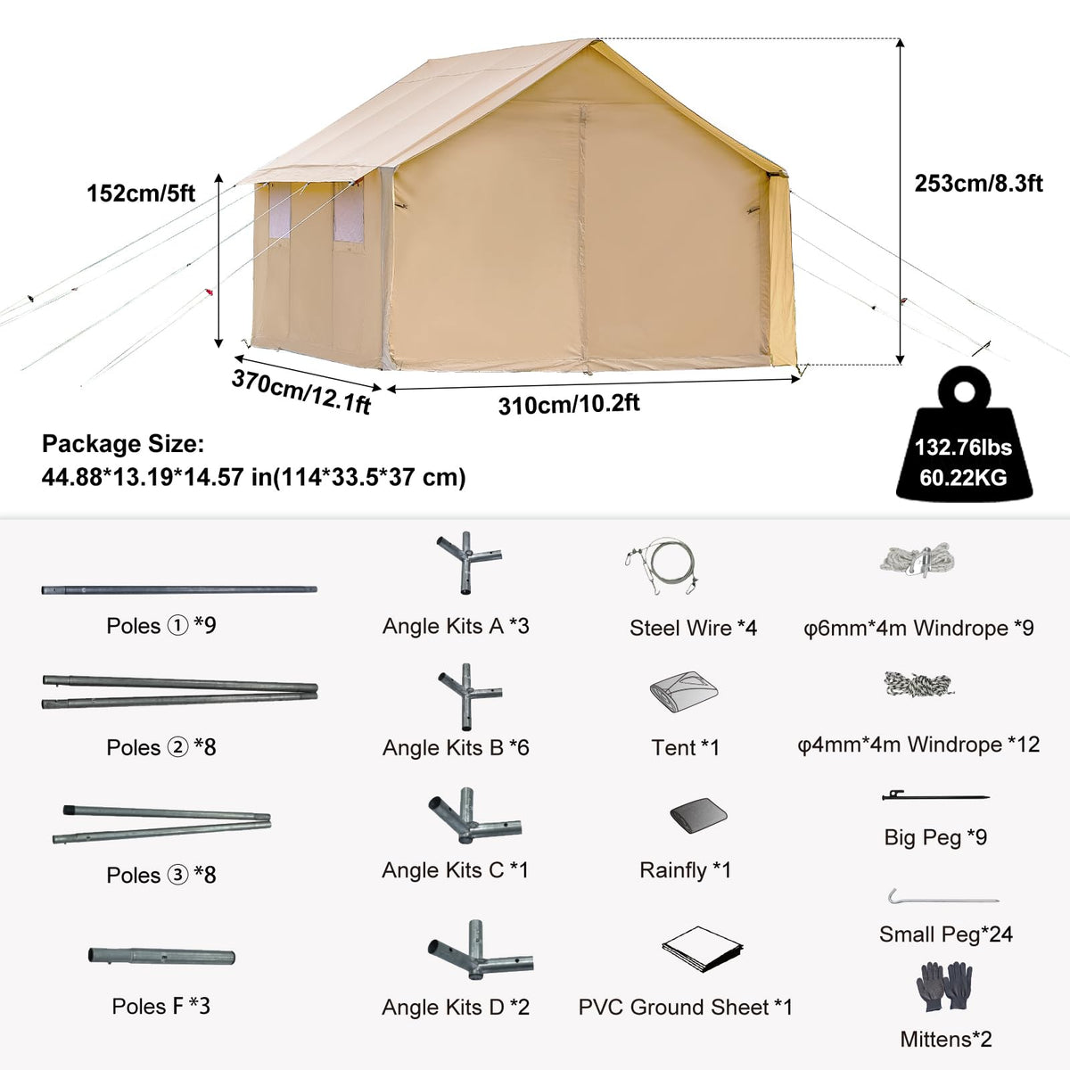 WaldZimmer Cotton Canvas Wall Tent with Rain Canopy Waterproof Outdoor Tent for Hunting Family 4 Season Camping Tents Heavy Duty Steel Frame&PVC Floor, Beige