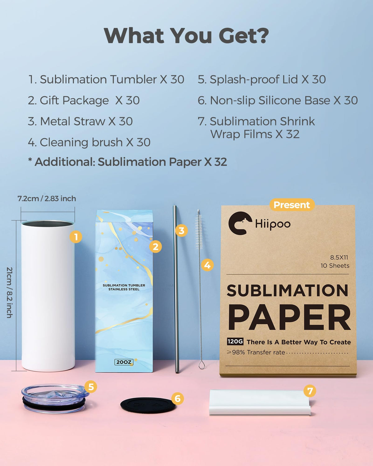 Hiipoo 30 Pack Sublimation Tumblers Blank 20 oz Straight Skinny with Sublimation Papers, Lids and Straws, Shrink Wrap Films, Stainless Steel Double Wall Insulated Tumbler for Mug Press Machine