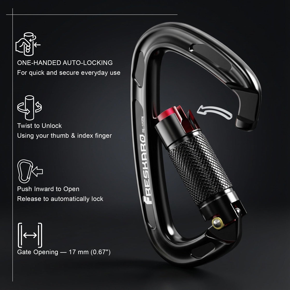 FresKaro 25kN Climbing Carabiners Double Locking Carabiner Clips, Heavy Duty Carabiner for Rock Climbing, Rappelling, Hunting, or Survival Gear kit, Gym Equipment, Cerfified UIAA Carabiner Black