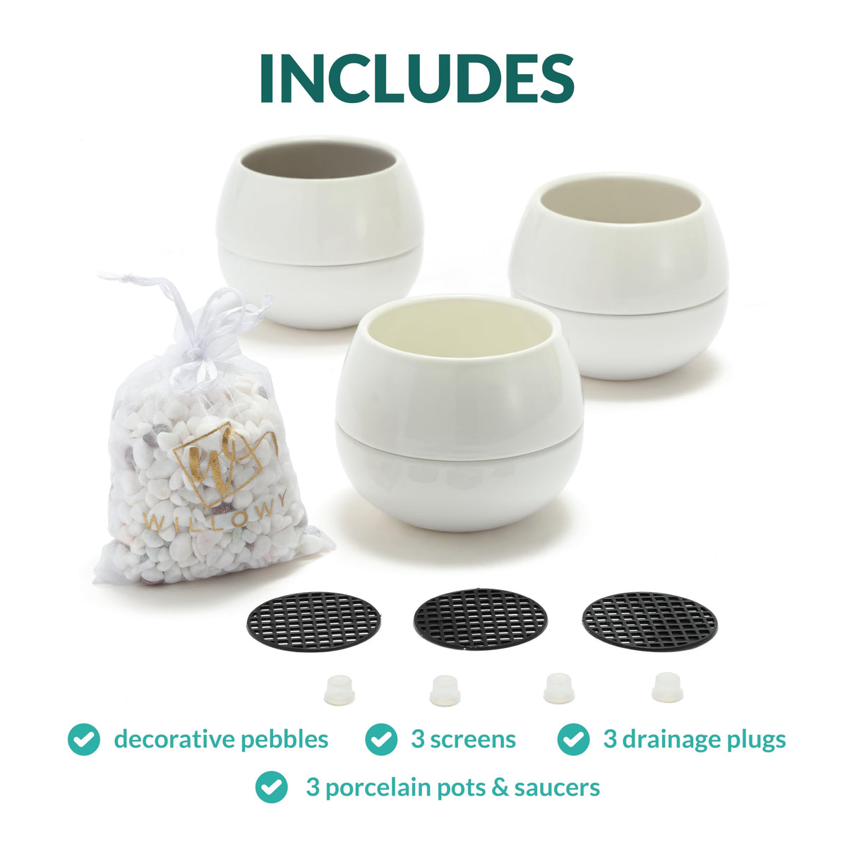 Willowy 3.5 Inch Small Succulent Pots - 3pk, Mini/Small White Ceramic Succulent Pots - No Plants Included