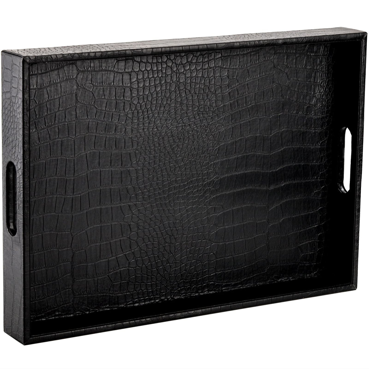 Lyellfe Black Serving Tray with Handles, Decorative Ottoman Tray in Alligator Faux Leather, 17x12 Inch Rectangular for Coffee Table, Living Room, Bed or Dressing Table