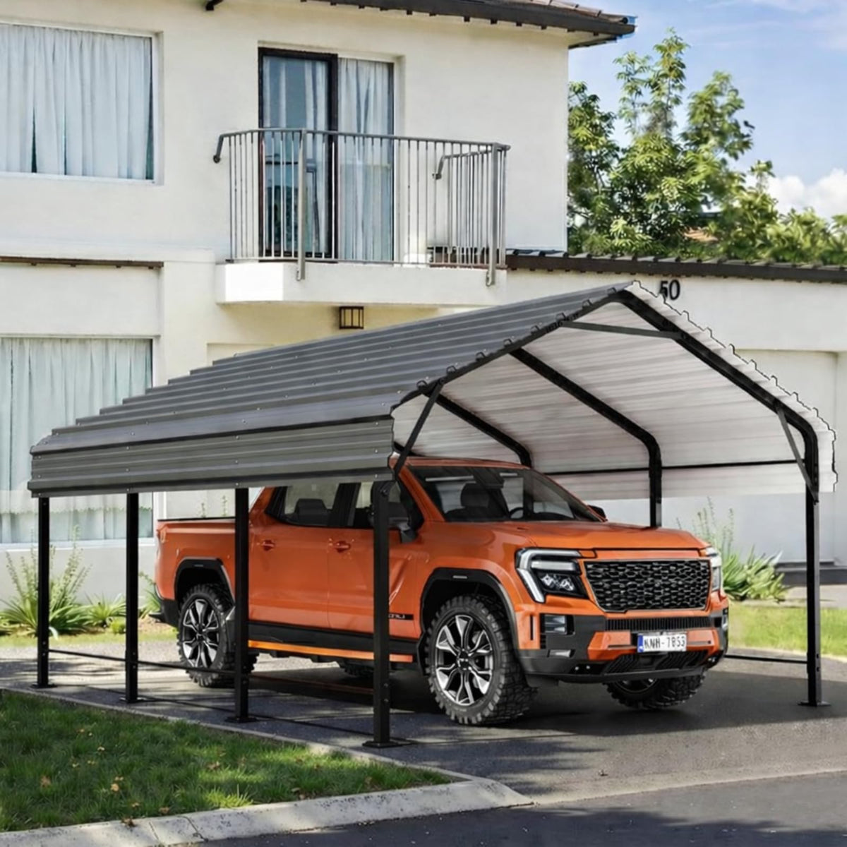 12x15 FT Heavy Duty Metal Carport, All-Weather Outdoor Vehicle Shelter with Steel Roof & Reinforced Frame, Permanent Car Canopy for Trucks, SUVs, Boats & Garden Storage, Gray