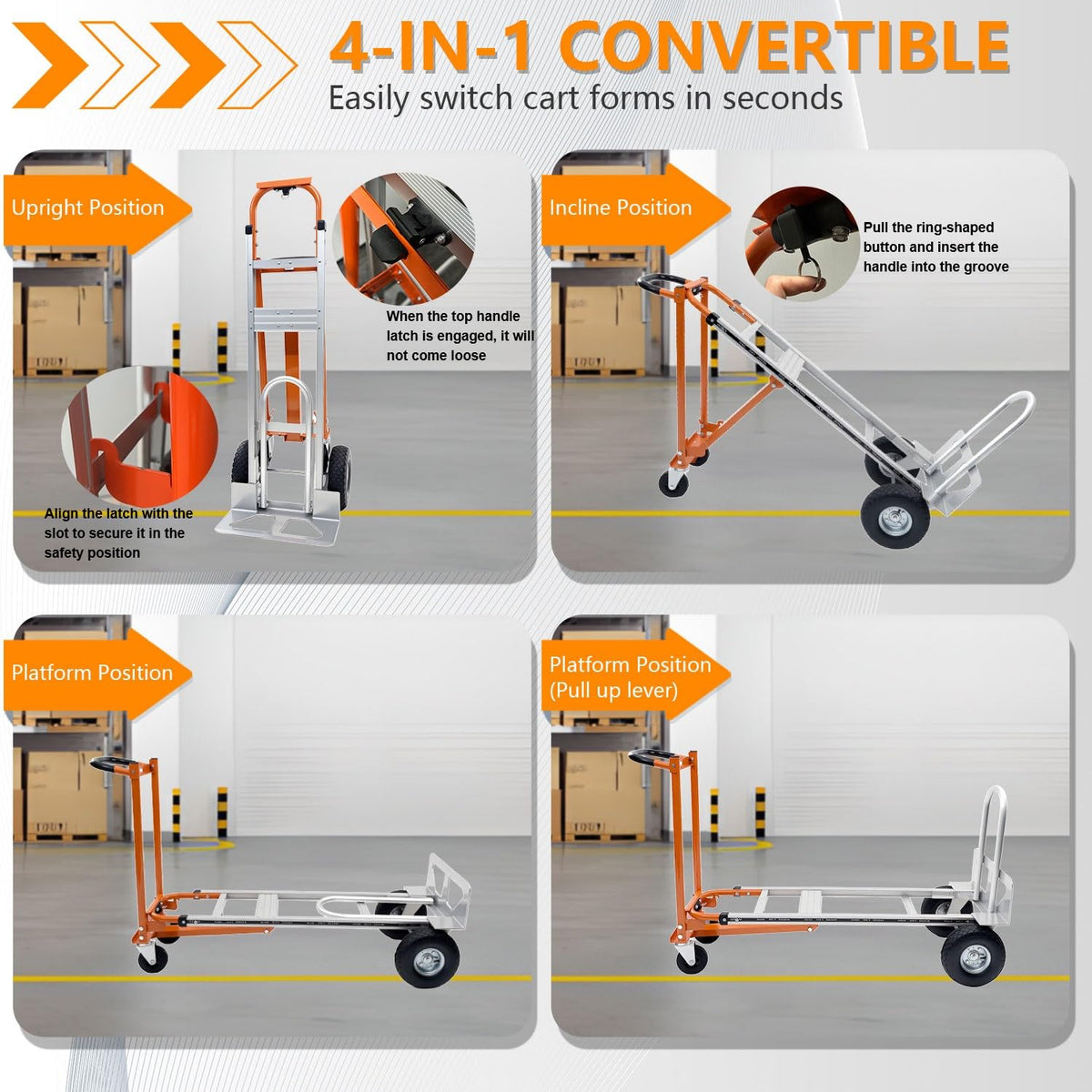 SST Convertible Hand Truck, 4 in 1 Folding Hand Truck Dolly Cart with Wheels, 1000LBS Heavy Duty Aluminum Hand Truck for Construction, Logistics, Shopping, Home, Office Moving
