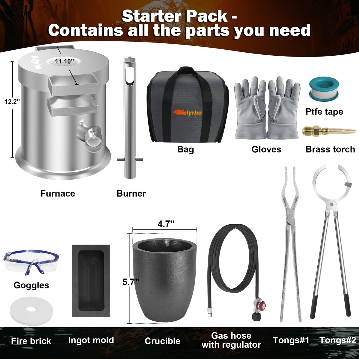 Nelyrho 6KG Melting Furnace Kit, Stainless Steel Foundry with Crucible Tongs, Ingot Mold, Goggles, Gloves, Carry Bag, Ideal for Smelting Silver, Copper, and Aluminum, Metal Recycling Casting Tool