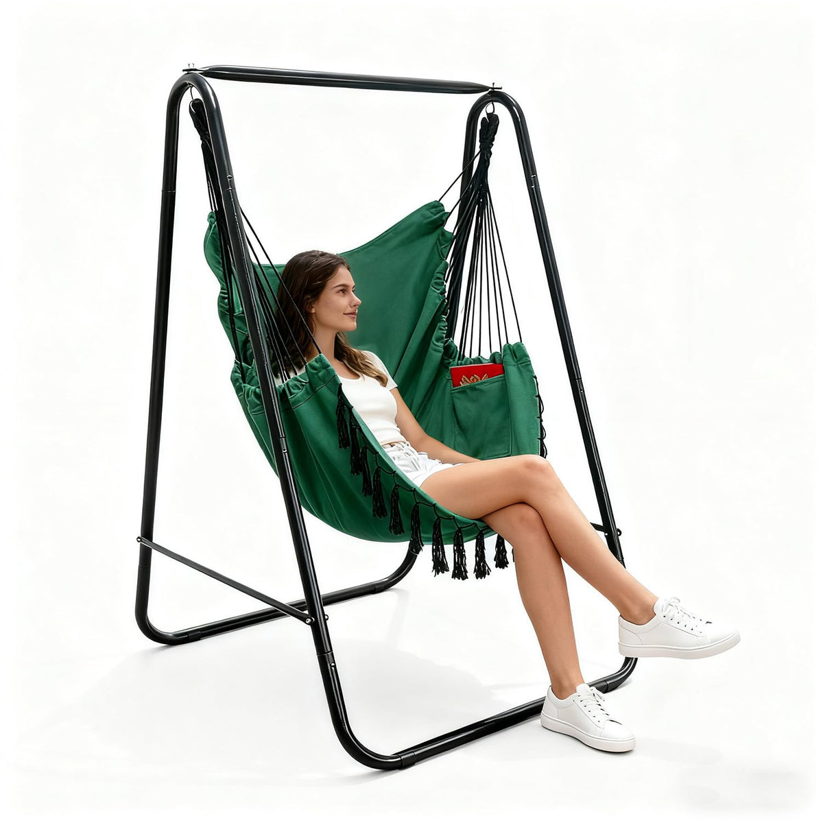 PIRNY Hammock Chair with Stand,Heavy-Duty Hammock Stand with Large Indoor Swing,MAX Load 500 LBS,Hanging Chair with Stand for Indoor Outdoor,Swing Chair with 2 Cushions Included(Dark Green)
