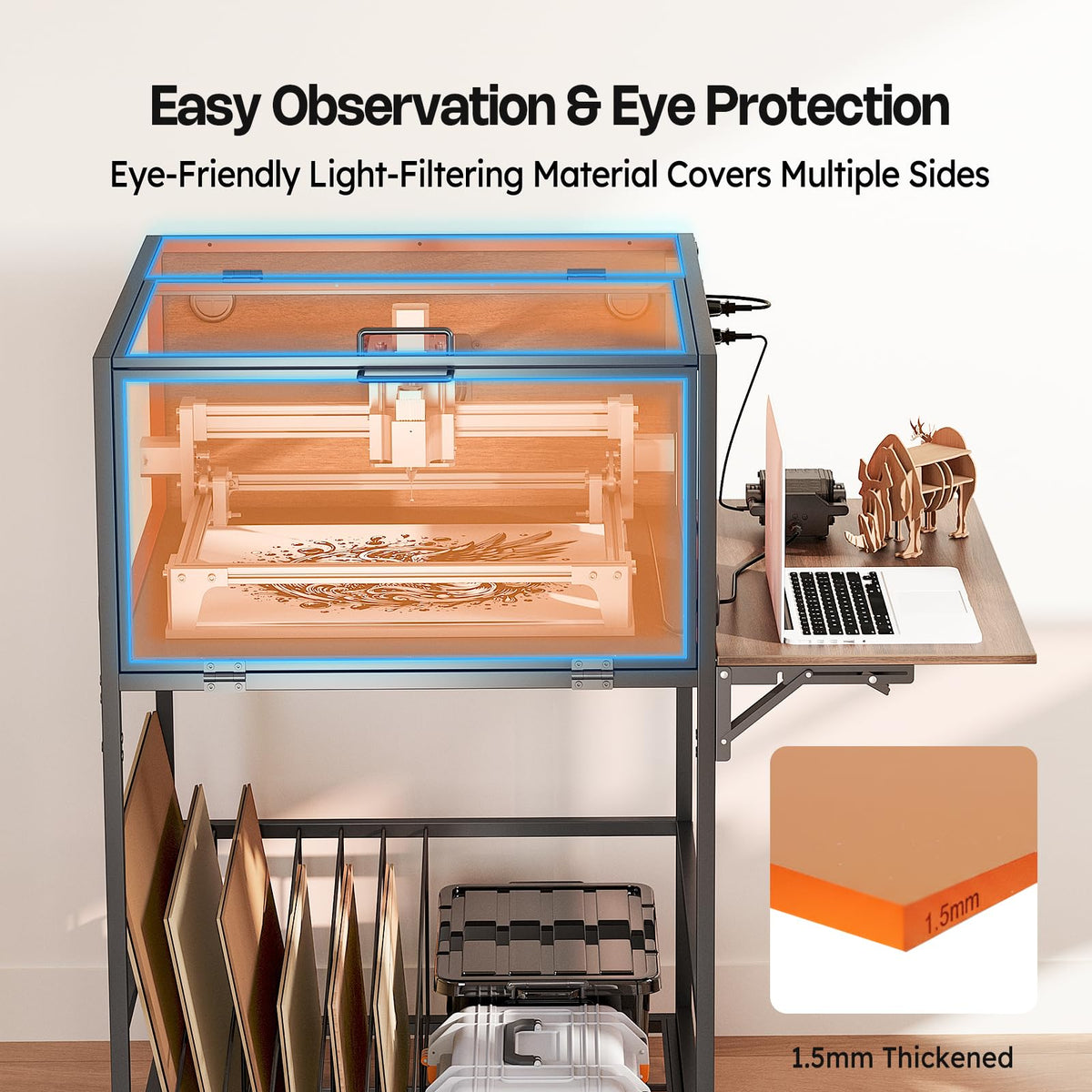 Crafit Laser Engraver Enclosure Cabinet with Exhaust, Laser Engraving Table with Ventilation Fan, Heavy Duty Laser Cutter Protective Cover Tent with Eye Protection, Insulates against Noise Fumes Odors