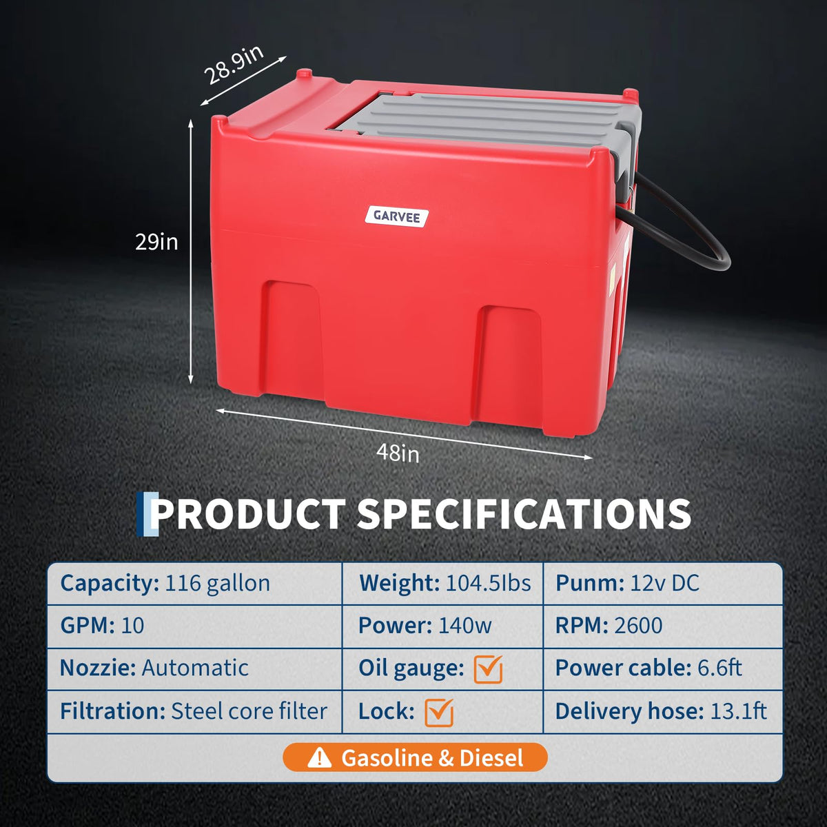 116 Gallon Portable Fuel Tank with 12V Electric Pump, 10 GPM Diesel & Gasoline Transfer Tank with 13.1 ft Hose & Auto Shut-Off Nozzle, Heavy-Duty Fuel Storage for Truck, Farm, Generator & Equipment