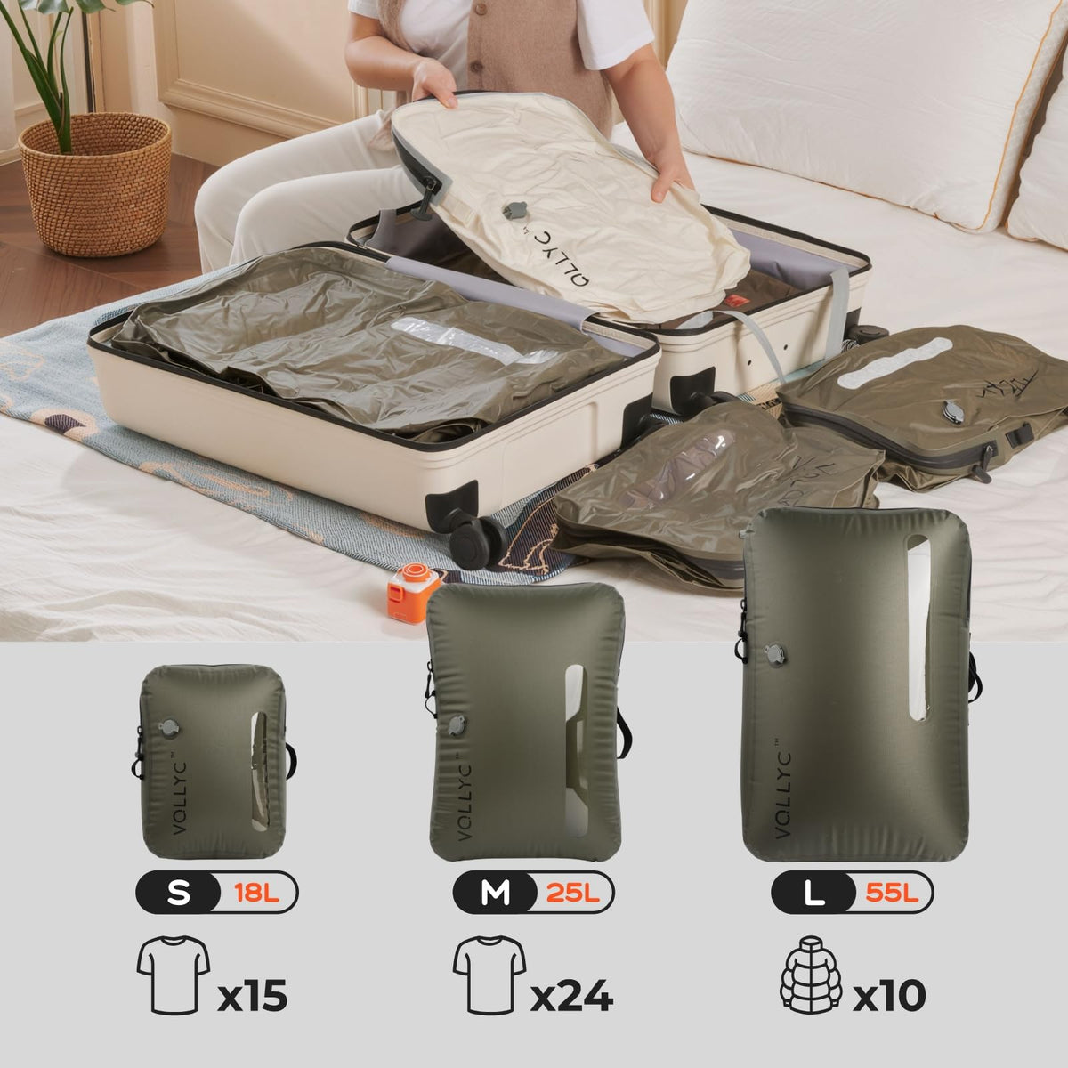 VOLLYC 4 IN 1 Vacuum Travel Bags with Wireless Pump, Compression Packing Bags for Luggage & Carry-On, Waterproof Anti-Tear Nylon, Stores 50+ Clothes, TSA-Ready Travel Essentials