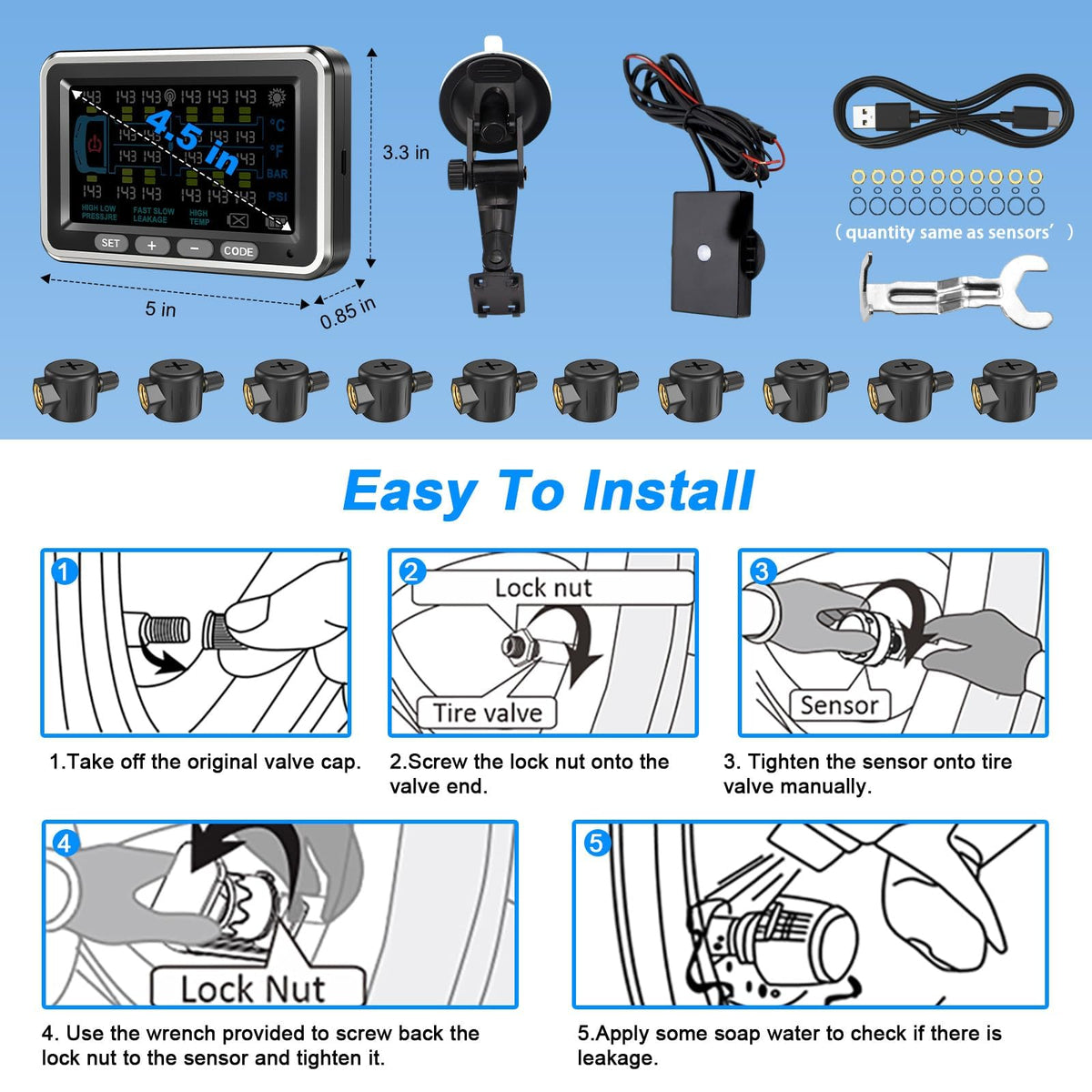 NLNE Trailer Tire Pressure Monitoring System 10 Sensors, 4.5" RV TPMS with Flow Through Sensor,6 Alerts Modes Monitor for Semi Truck/Camper/5th Wheel,Motorhome,Signal Booster,0-188PSI(4-22 Sensors)