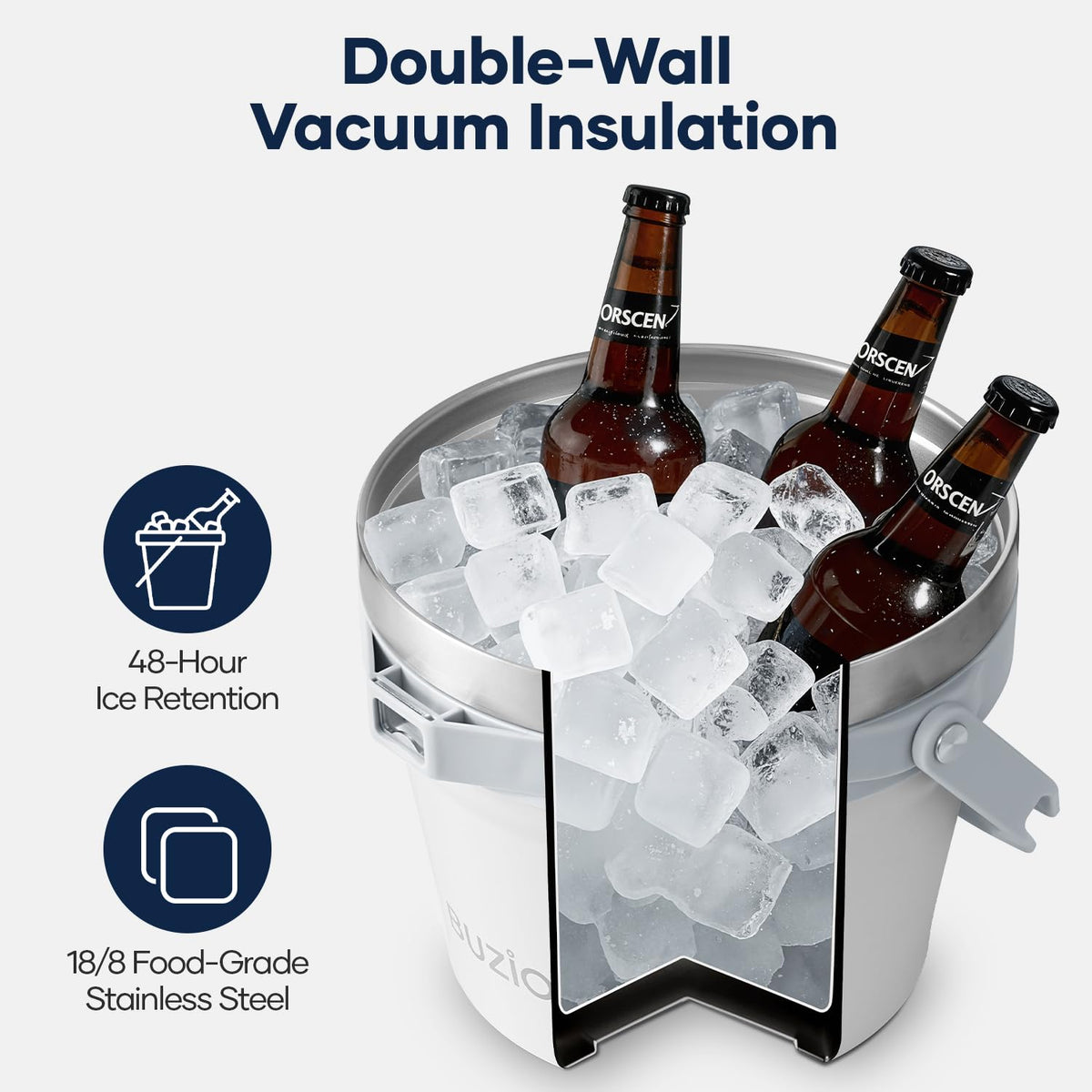BUZIO Gallon Water Bottle Insulated with straw, 7 L Insulated Ice Bucket with Lid and Scoop & Tongs for Parties, Double Wall Vacuum Stainless Steel, Holds 6 Longnecks or 3 Wine Bottles, Large Beverage