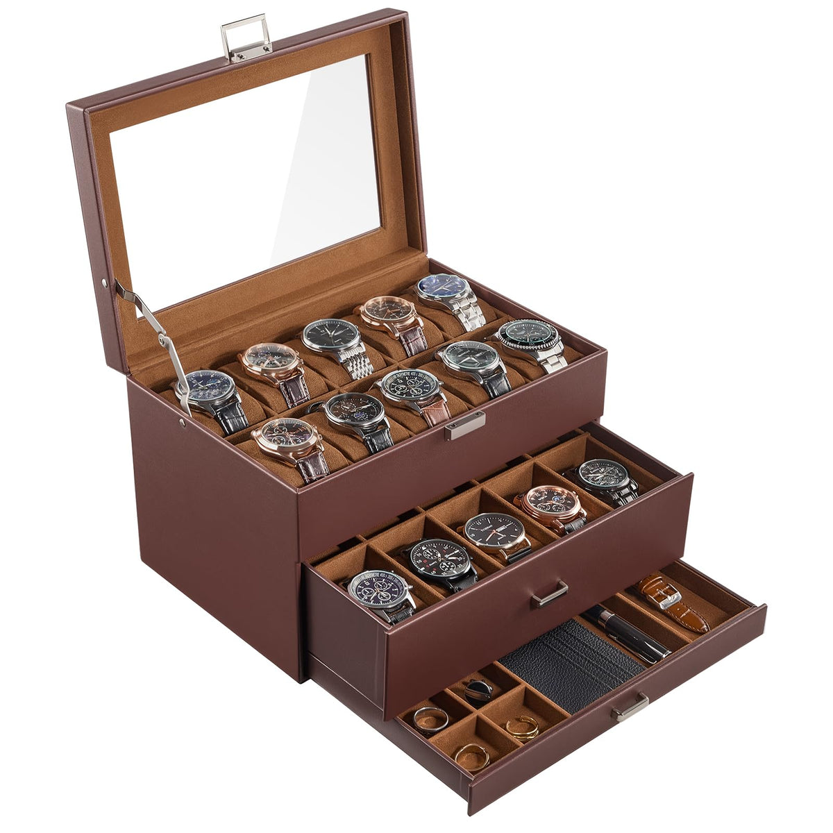 ProCase 20 Slot Watch Box for Men, 3-Layer Watch Display Case with Glass Lid, Watch Holder with Drawer, Jewelry Storage Organizer for Watches Straps Rings, Fathers Day Gift -Brown