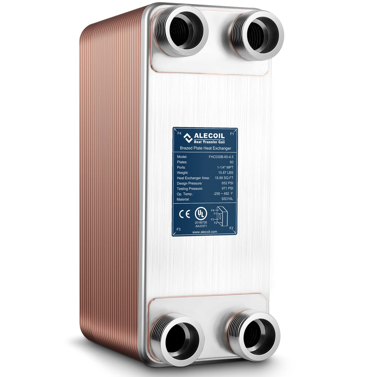 ALECOIL 5"x12" 60 Plates Heat Exchanger with 1-1/4" MPT Port Water to Water 316L Stainless Steel Brazed Plate Heat Exchanger for Water Heating, Floor Heating, Commercial and Industrial Refrigeration