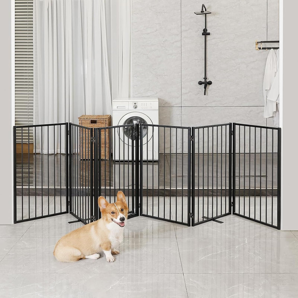 Metal Freestanding Dog Gates with Door for Outdoor Indoor,120'' Extra Wide 36'' Tall Free Standing Dog Gate for Doorways,Large Openings,Deck,Yard,Porch,Foldable Safety Pet Fence(Black,6 Panels)