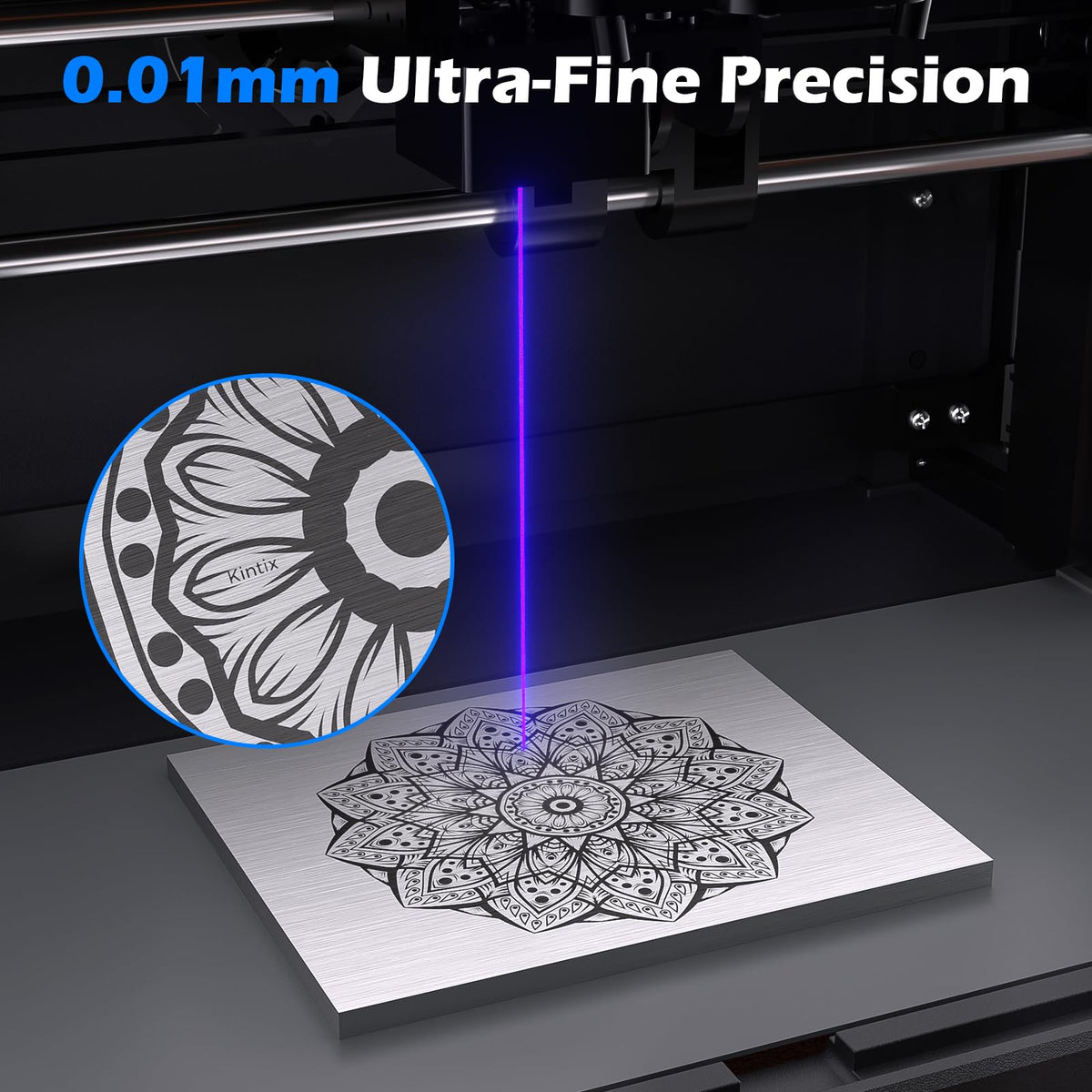 Genmitsu Kintix Laser Engraver 5W 5000mW, 90000mm/min Ultra Fast Galvo Laser with Electric Lifting Focus, 200x100mm Large Area for Jewelry, Metal, Wood, Compatible with LightBurn & APP, Class 1 Safety