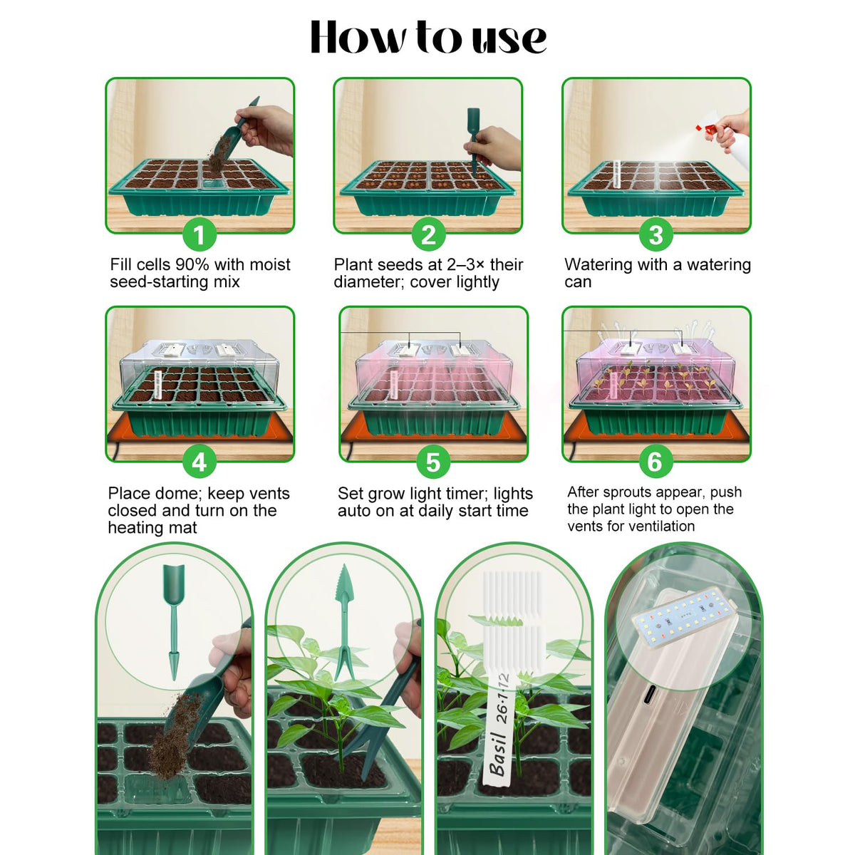 Seed Starter Tray with Grow Light and Heat Mat, Seed Starter Kit with Humidity Dome and Timing Controller, Adjustable Vent and Brightness, Ideal Germination Tray for Seed Starting and Seedling Growing