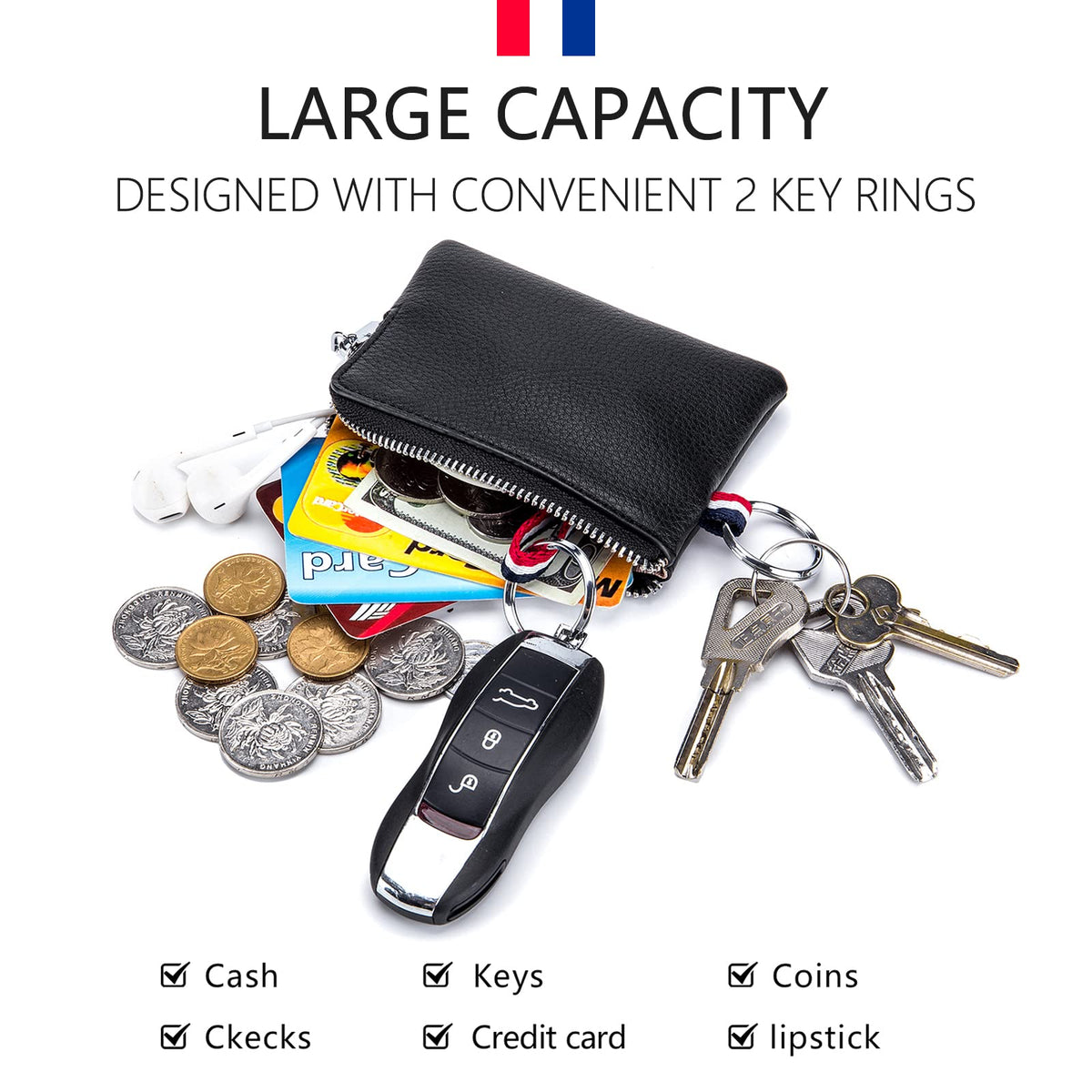 imeetu Leather Coin Purse Wallet, Mini Dual Keyrings Change Pouch Card Holder for Men Women (Coffee, standard)