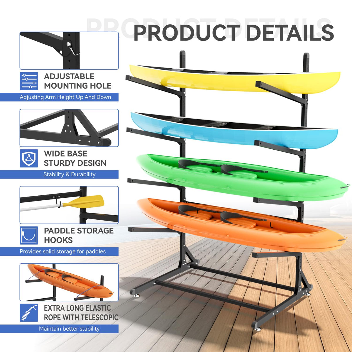 RDCMKL Freestanding Kayak Storage Rack, Heavy Duty Adjustable Stand for Kayaks, SUPs, Paddleboards, Canoes, Weatherproof, Indoor Outdoor, 400 LBS Capacity (4 Levels)