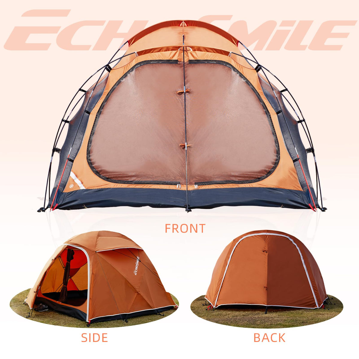 EchoSmile 3-5 Person Family Camping Tent, Waterproof Windproof Heavy Duty Dome Shelter, Easy Setup Multi-Pole Cabana with Extra Storage Room for Wet Bags & Shoes, Outdoor Hiking Travel - Orange