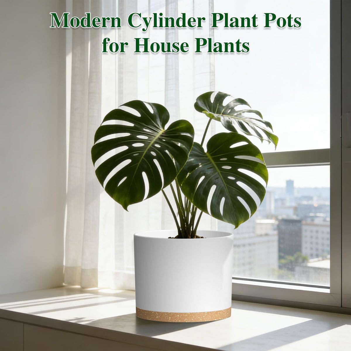KUGAZ Plant Pots, 10/9/8 Inch 3 Pack Cylindrical Flower Pots with Drainage Holes and Saucers, Plastic Planters for Outdoor Indoor Plants,White Brown