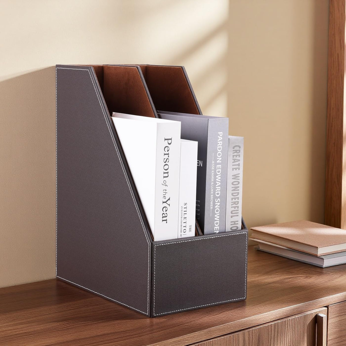 KINGFOM Wooden Leatherette Desktop File Folder Organizer and Document File Stand Journals Magazine Rack 2 Slots (brown)