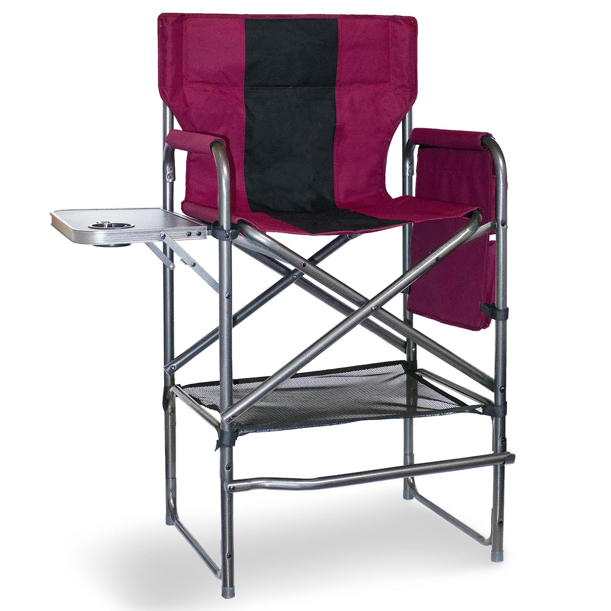 Foristrail 30" Tall Directors Chair with Side Table, 400LBS Bar Height Folding Camping Chair for Makeup Artists, Outdoor Events, Portable Foldable Chair with Cup Holder & footrest - Light Wine Red