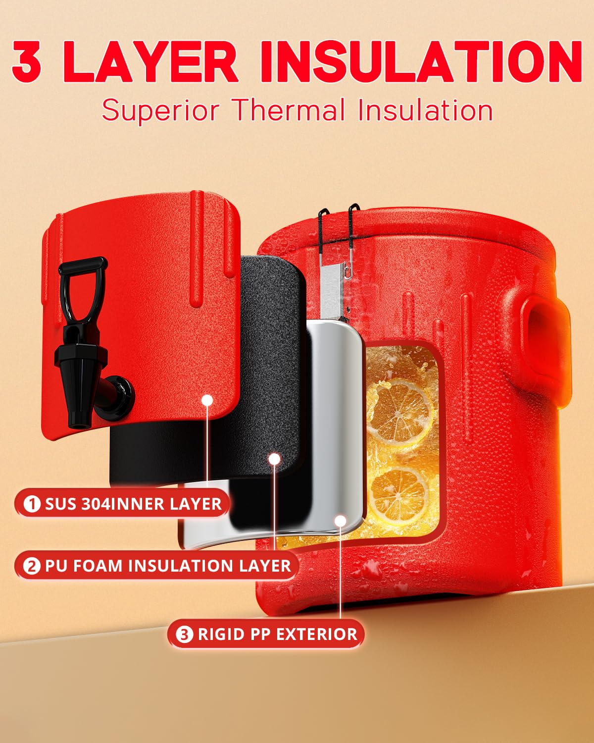 Insulated Beverage Dispenser 6.5 Gallon, Hot Drink Dispenser with Stainless Steel Interior & Spout, Cold & Hot Water Dispenser, Portable Water Cooler, Outdoors Water Jug for Camping Party Sports,N4