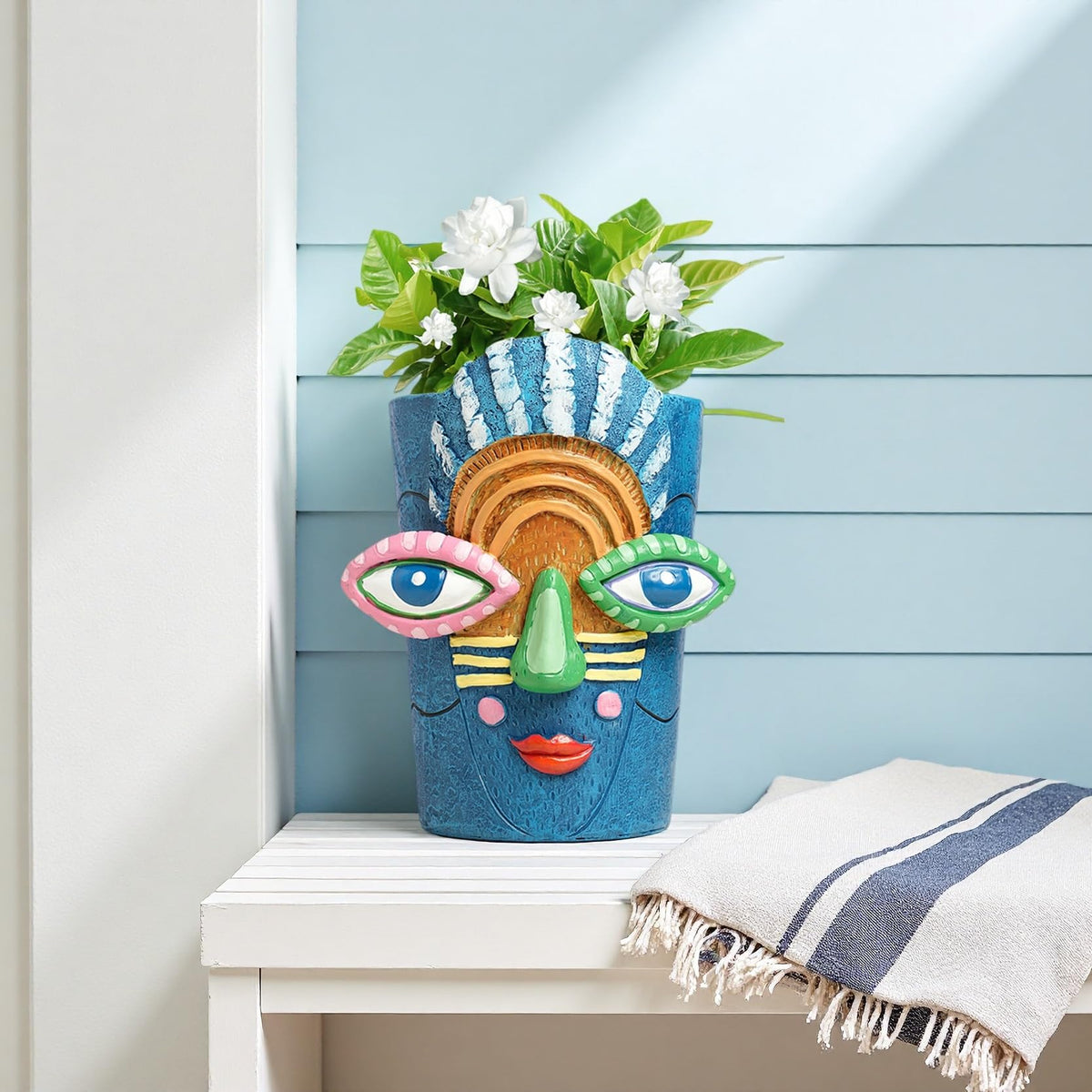 Yhupl Picasso Abstract Face Flower Pot,Plant Pot with Facial Expressions,Handmade Resin Plant Pot with Drainage Holes,for Indoor and Outdoor Botanical Home décor (Blue Small)