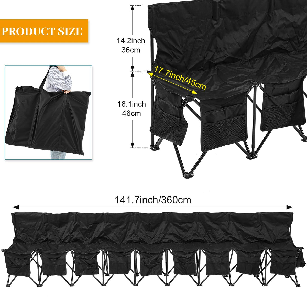 Wonderjune Folding Soccer Bench Portable Sports Team Bench with Pockets and Carrying Bag for Sports Team Outdoor Camp Travel Soccer Practice(Black,9 Seat)
