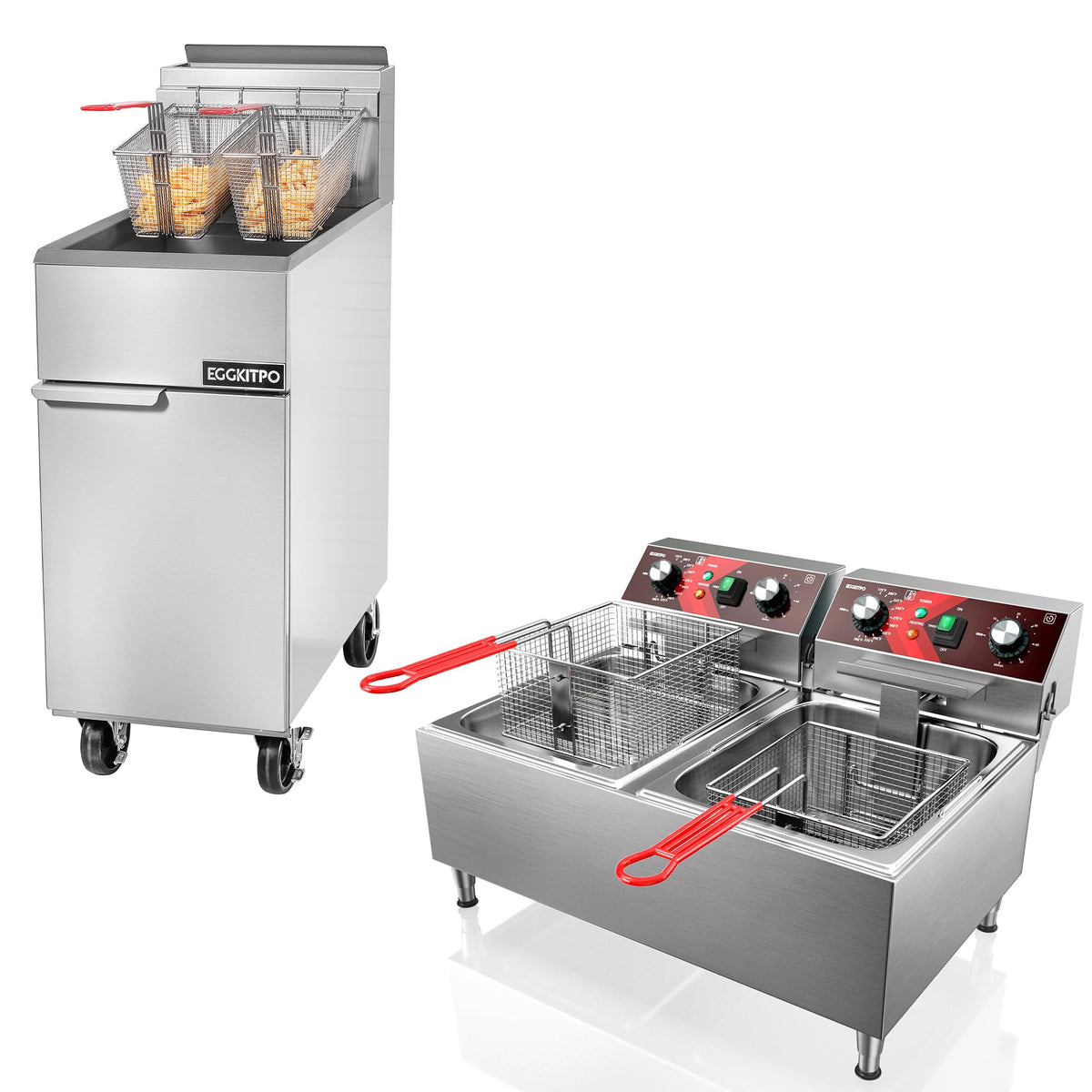 EGGKITPO (ECF3-NG) 40LB 90,000 BTU Natural Gas Fryer and 10L×2 Commercial Fryer with Timer and Basket Dual Tank Fryer(120v 3600w)