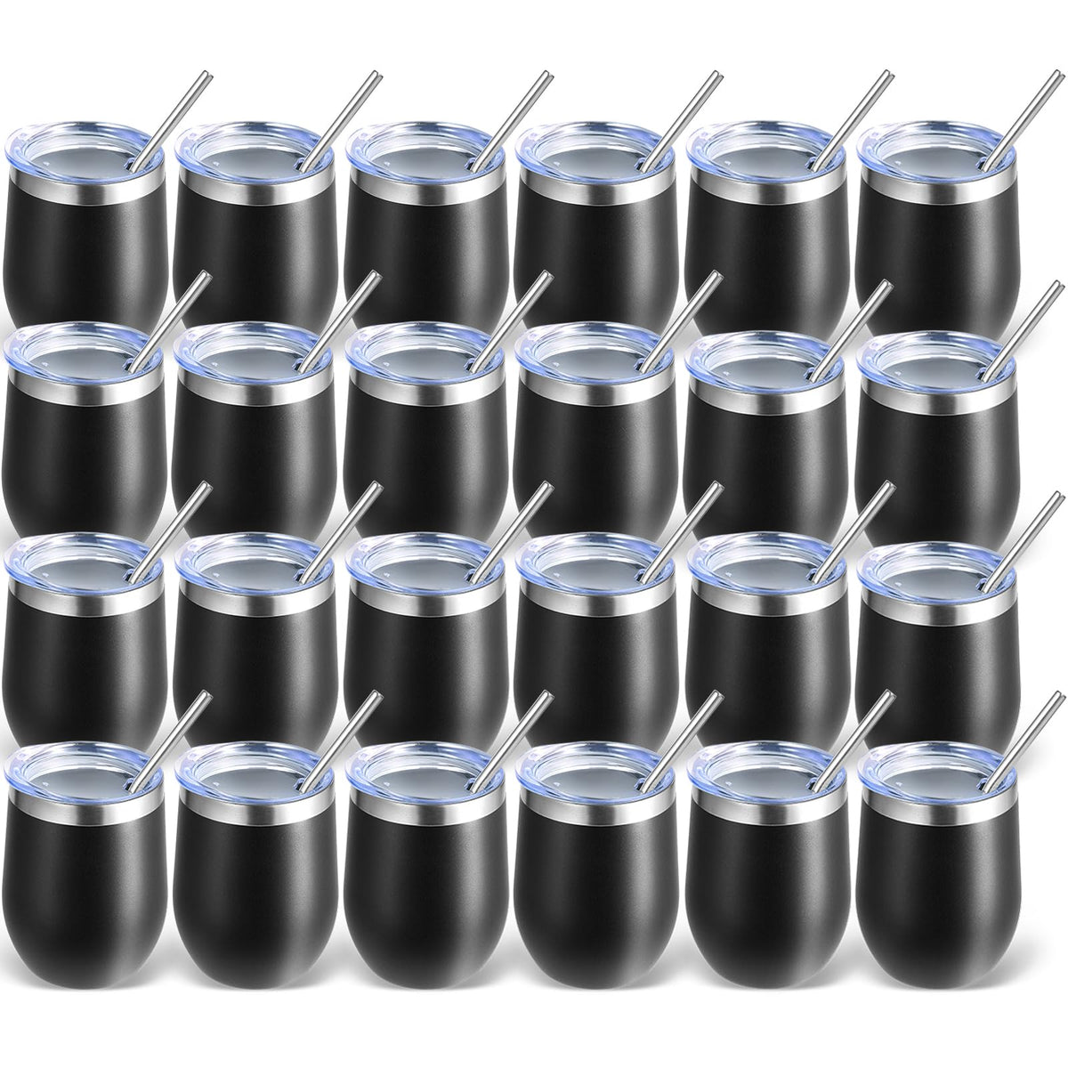 Volhoply 12oz Stainless Steel Wine Tumbler with Lid Bulk 24 Pack,Double Wall Vacuum Stemless Wine Glasses,Reusable Metal Travel Coffee Mug with Straw,Insulated Cups Gifts for Christmas（Black,24 Set）