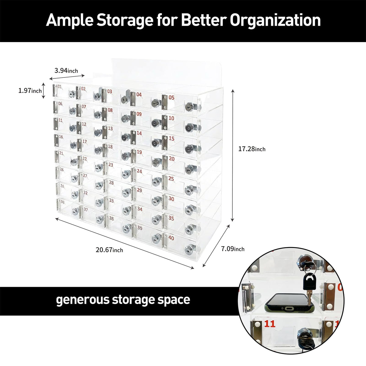 automoris 40-Slot Acrylic Cell Phone Locker Box, Large Capacity Clear Phone Storage Cabinet with Keys for Office, Gym, Factory，Swimming Pool, Name Card Slot Cell Phone Locker for Employees