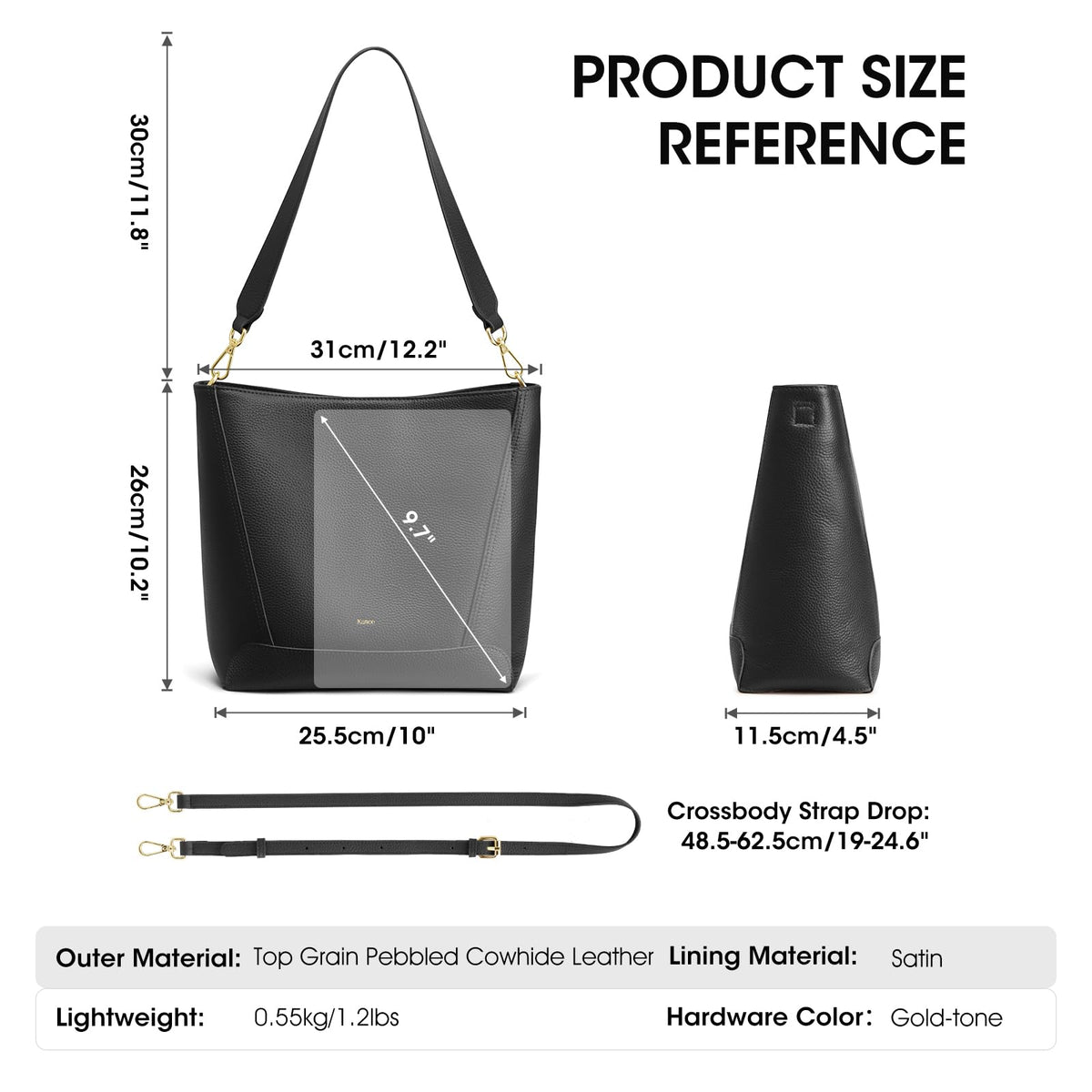 Kattee Leather Purses and Handbags Trendy, Bucket Bags for Women, Top Grain Leather Hobo Tote Shoulder Crossbody Bag with 2 Straps, Black