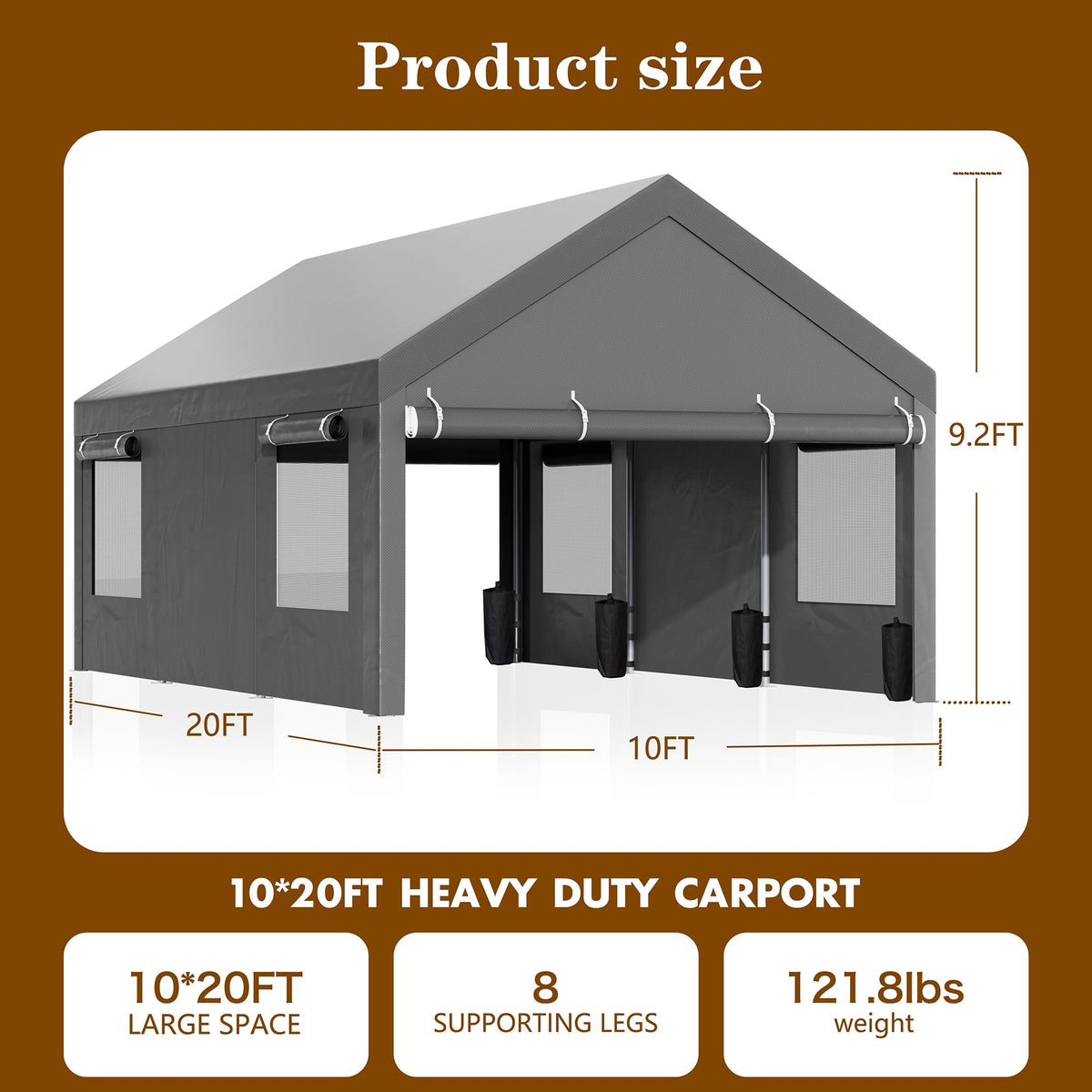 Nuturelly 10x20 FT Carport, Heavy Duty Carport Canopy with Roll-up Windows, Portable Garage with Removable Sidewalls & Doors, Car Canopy with All-Season PE Tarp for Car, Truck, Boat, Gray