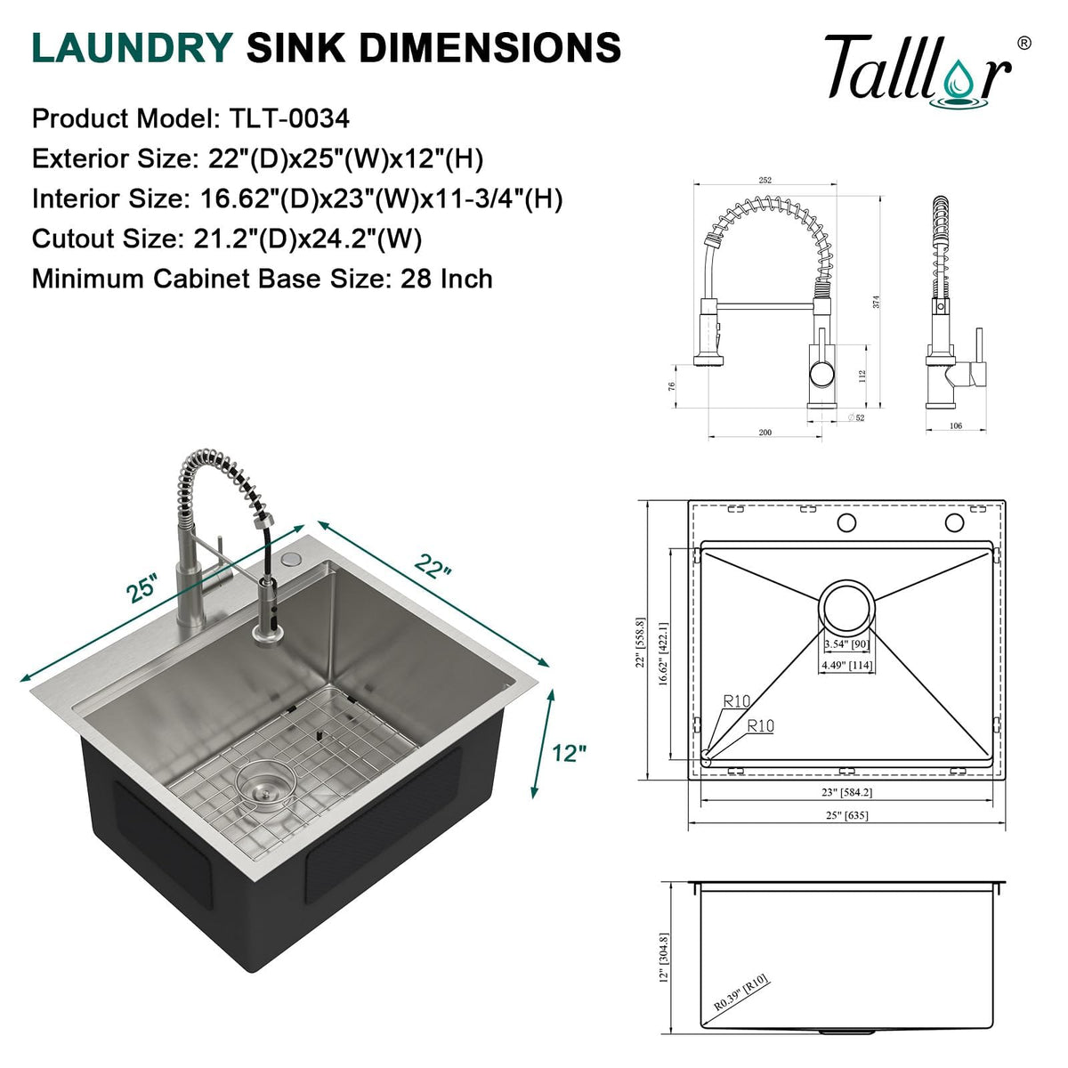 Talllor 25 Inch Drop In Laundry Sink with Faucet - 12" Deep Workstation 16 Gauge T-304 Stainless Steel Single Bowl Utility Sink with All-In One Accessories for Laundry Room, Outdoor, Garage #TLT-0063