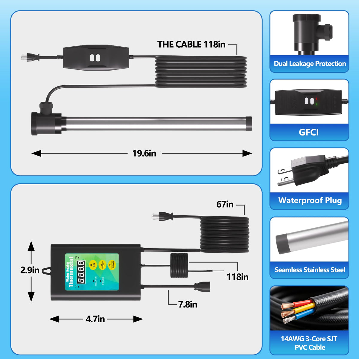 1800W Immersion Heater for Hot Tub, 304 Stainless Steel Submersible Immersion Heater with GFCI & Digital Thermostat, for Bathtub, Home SPA, Camping, Baptistery, Medium Stock Tank, Outdoor Use