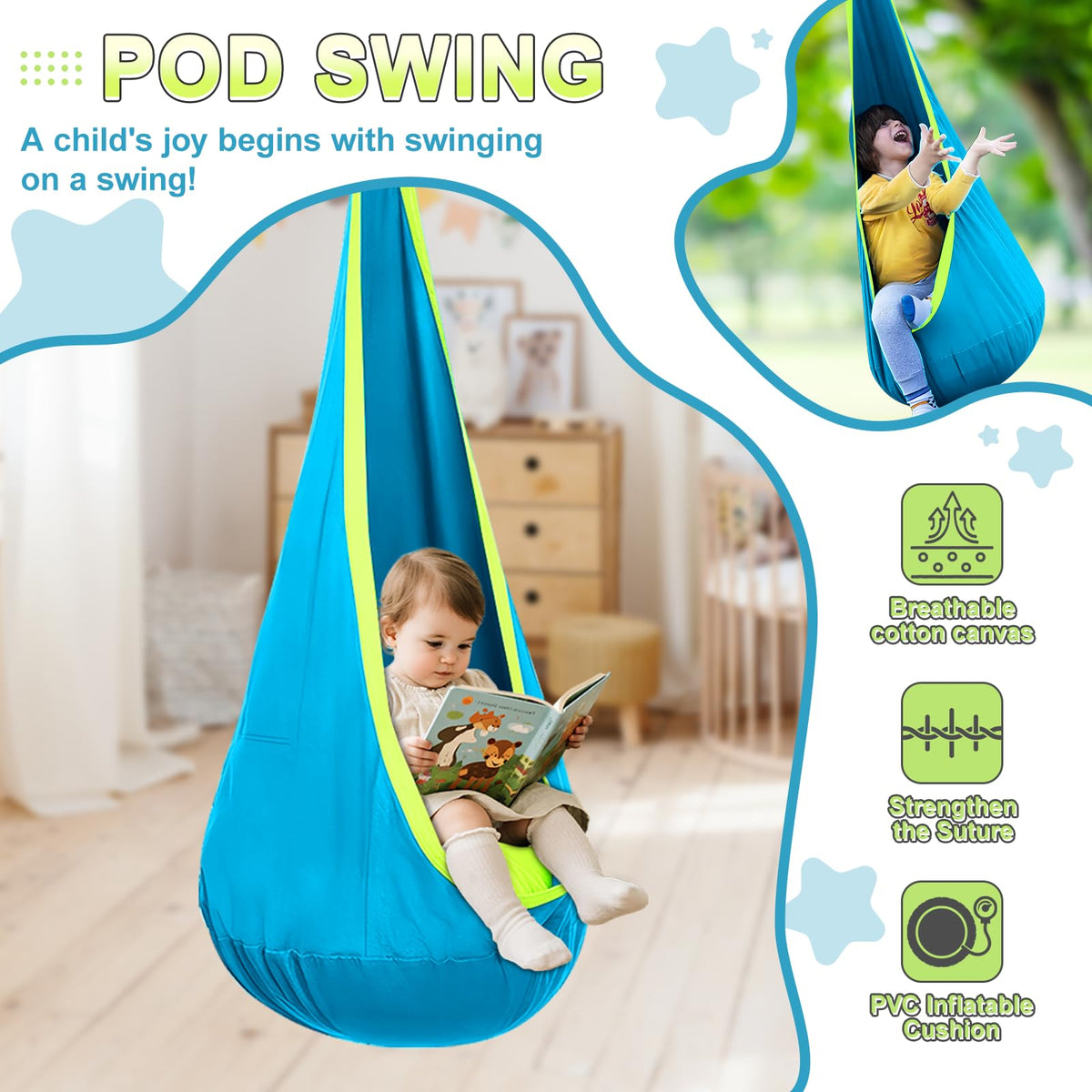 Swing Stand Frame with Sensory Swing Pod Chair, X-Shaped Swing Set, Metal Hammock Chair Stand for Adults Indoor and Outdoor 330LBS (Auqa)