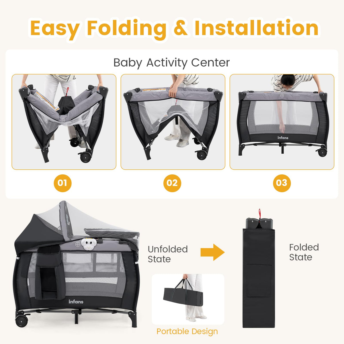 INFANS 4 in 1 Pack and Play, Portable Travel Baby Playard with Bassinet, Changing Table, Canopy, Mosquito Net, Hanging Toys, Music Box, Storage Bag, Large Playpen from Newborn to Toddlers (Black)
