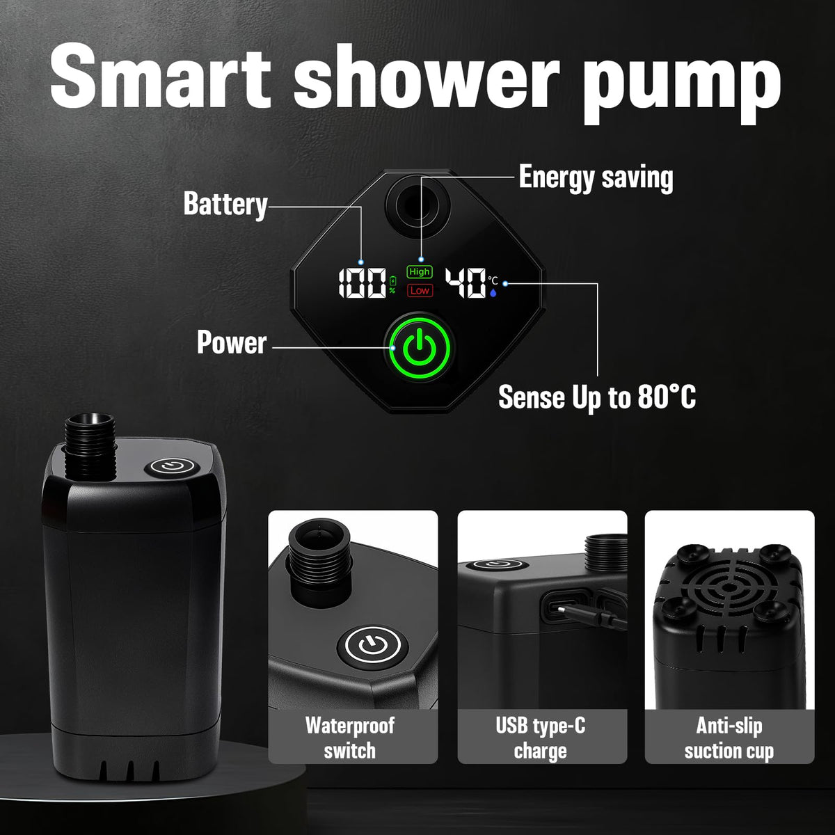 Portable Shower with Heater, Pop Up Camping Shower Privacy Tent Kit with LED Lights, 6000mAh Rechargeable Shower Pump, 6.6 Gal Foldable Bucket, Outdoor Camp Shower Kit for Travel, Pet Bath, Car Wash