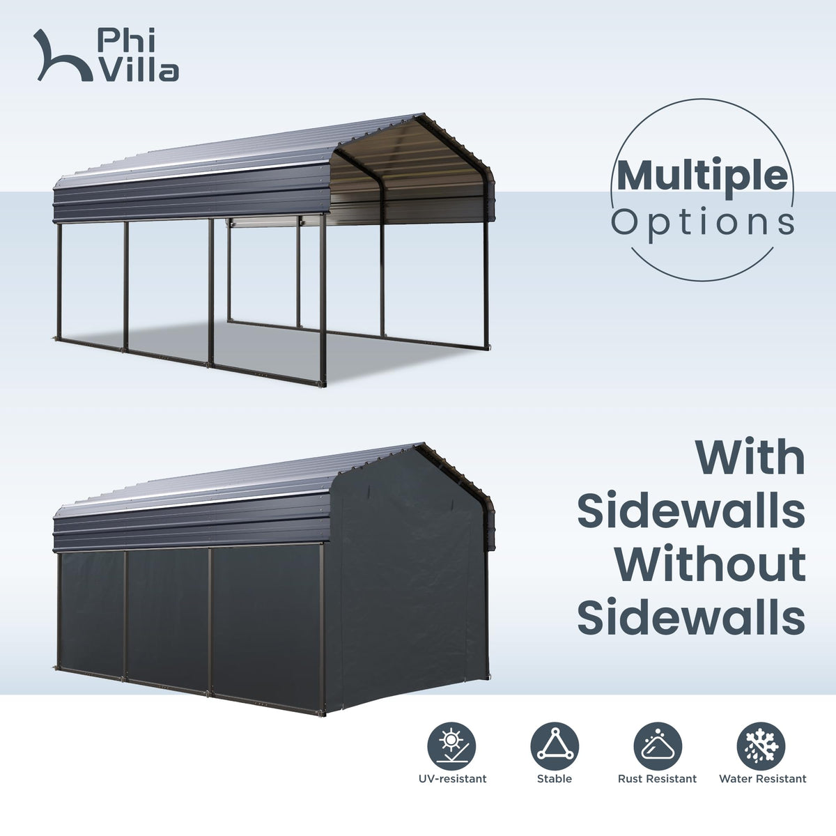 PHI VILLA 10x15 ft Carport, Metal Carports Canopy with Sidewalls Heavy Duty Car Port Portable Garage with Galvanized Steel Roof Multi-Use Shelter, Sturdy Car Ports for Cars, Boats and Tractors