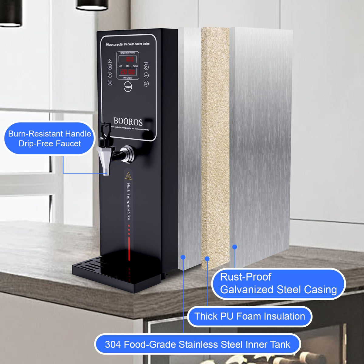 BOOROS Commercial Hot Water Dispenser Black Hot Water Dispenser Countertop 15L Commercial Hot Water Boiler, 24-Hour Timer,1500W Step-heating 38L(10GAL)/Hour for Restaurant,Hotel,Office,Home,Capacity